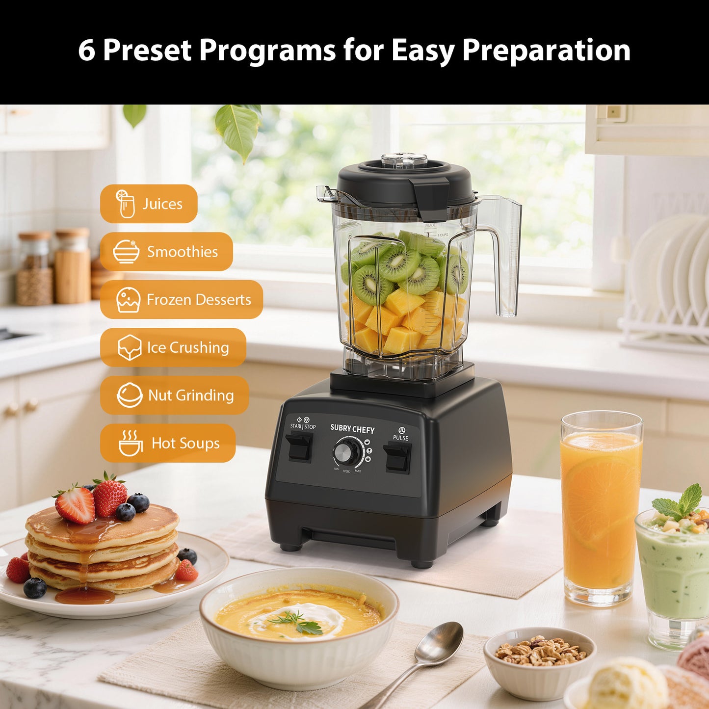 Subry Chefy Countertop Blender Pro 2000W, Professional High-Speed Blender with Powerful Brushless Motor, 25-Speed, 68oz, Heavy Duty Kitchen Blender for Smoothies, Ice Crushing & Food Prep, Black