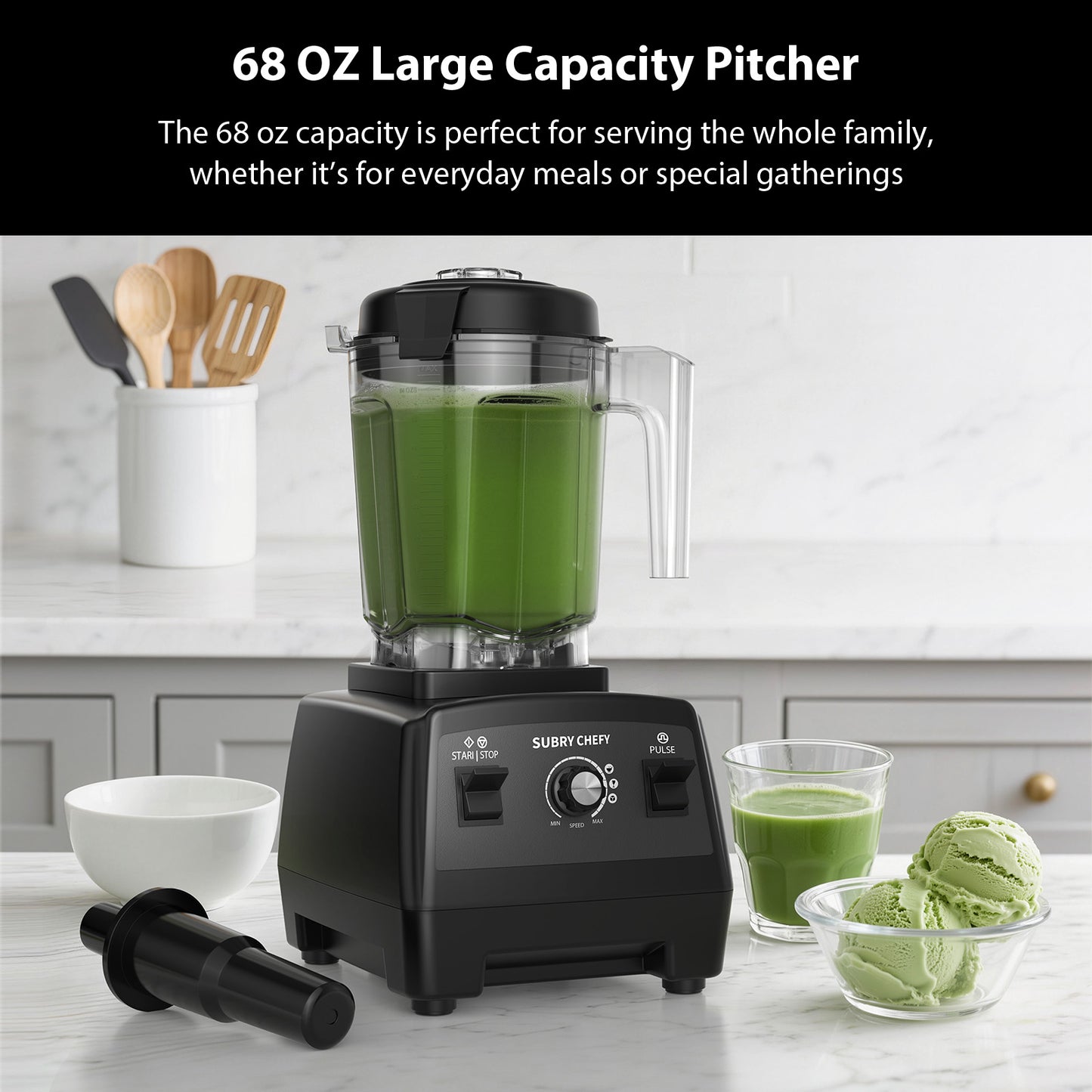 Subry Chefy Countertop Blender Pro 2000W, Professional High-Speed Blender with Powerful Brushless Motor, 25-Speed, 68oz, Heavy Duty Kitchen Blender for Smoothies, Ice Crushing & Food Prep, Black